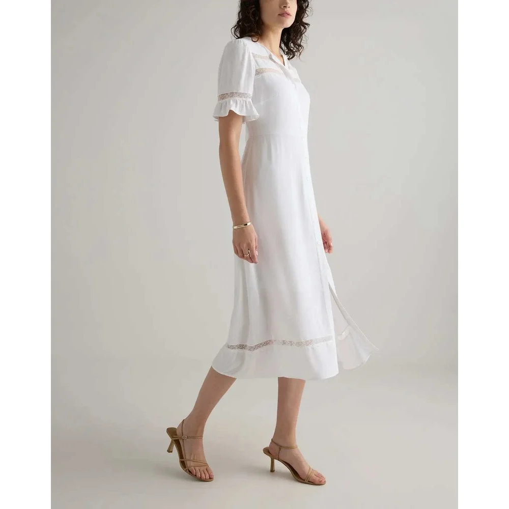 Quince Organic Crepe Lace Insert Midi Dress Ivory White XL NWT